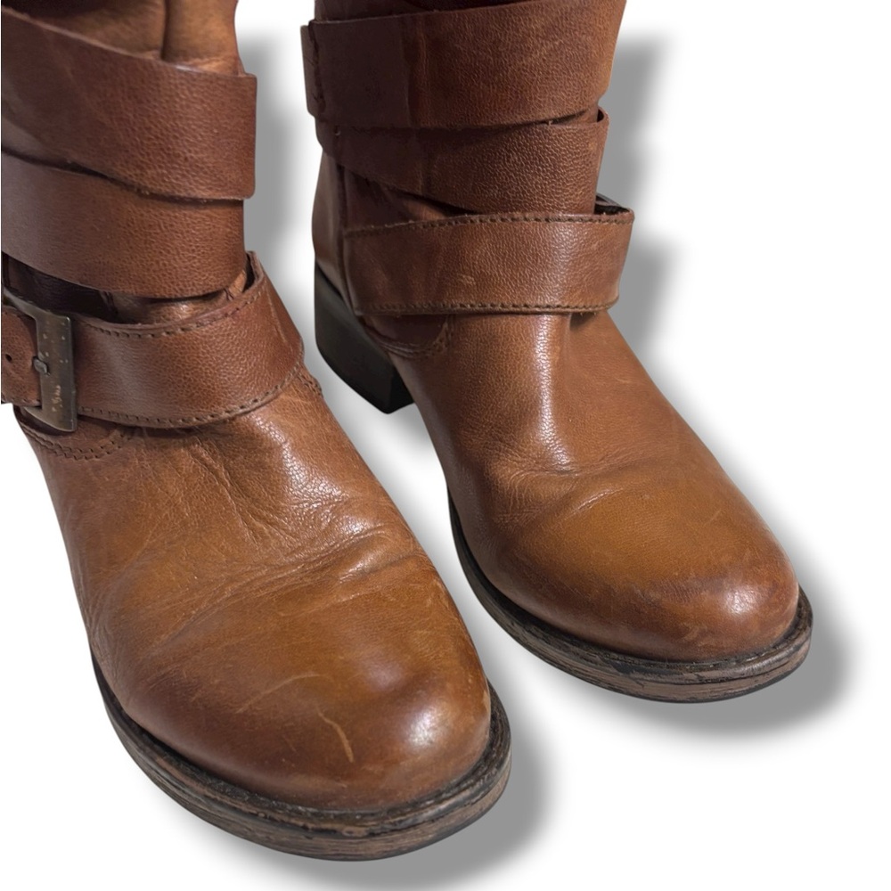 STEVE MADDEN Brewzzer Cognac Leather Belted Mid-Calf Moto Boots Size 7 - Picture 11 of 12